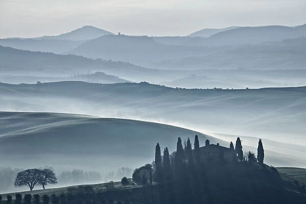 View over The Belvedere at dawn, San Quirico d Orcia, Val d Orcia, Tuscany