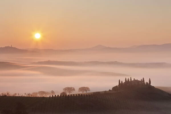 View over The Belvedere at dawn, San Quirico d Orcia, Val d Orcia, Tuscany