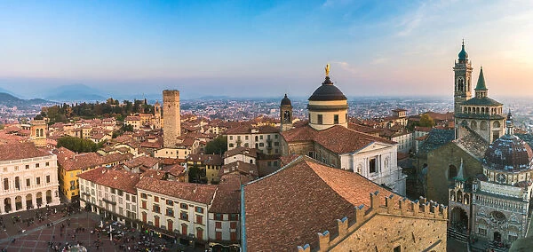 View of Bergamo from above during sunset. Bergamo (Upper town), Lombardy, Italy
