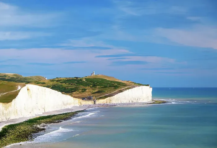 Framed Print : View towards Birling Gap and Belle Tout (Belle Toute) Lighthouse, Seven Sisters, South Downs National Park, East Sussex, England Framed Print : View towards Birling Gap and Belle Tout (Belle Toute) Lighthouse, Seven Sisters, South Downs National Park, East Sussex, England