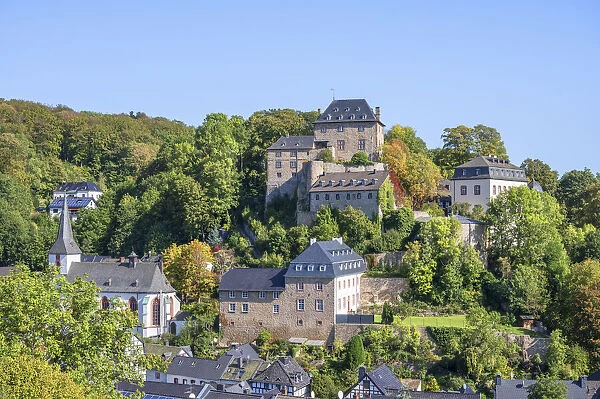 View at the Blankenheim church and castle, Eifel, North Rhine Westphalia, Germany