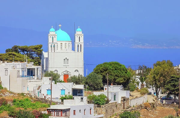 View of the blue domed Orthodox church of Kato Petali village, Apollonia, Sifnos Island, Cyclades Islands, Greece
