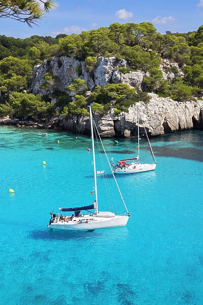 View of Cala Macarella and sailboats, Menorca; Balearic Islands; Spain; Europe