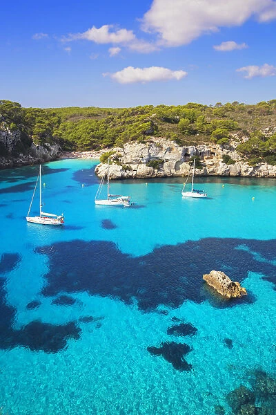 View of Cala Macarelleta and sailboats, Menorca; Balearic Islands; Spain; Europe