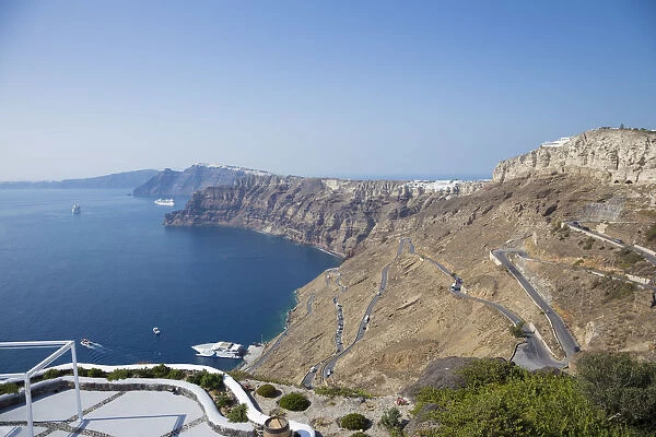 View of the Caldera from above Athinios port, Santorini (Thira), Cyclades Islands, Greece