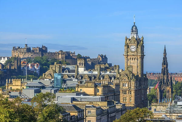 View from Calton Hill at Balmoral Hotel, Walter Scott Monument and Edinburgh Castle