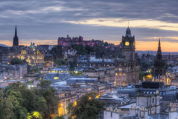 View from Calton Hill on Balmoral Hotel and Edinburgh Castle, Edinburgh, Scotland