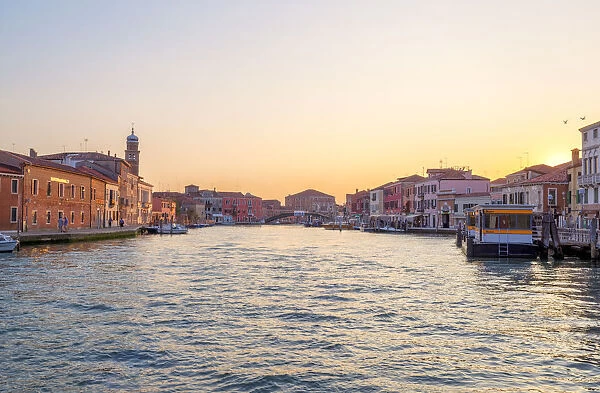 View of Canale Ponte Lungo at sunset, Murano Island, Venice, Veneto, Italy