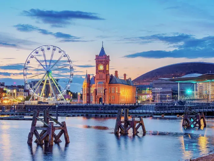 Framed Print : View over Cardiff Bay towards Pierhead Building at dusk, Cardiff, Wales, United Kingdom