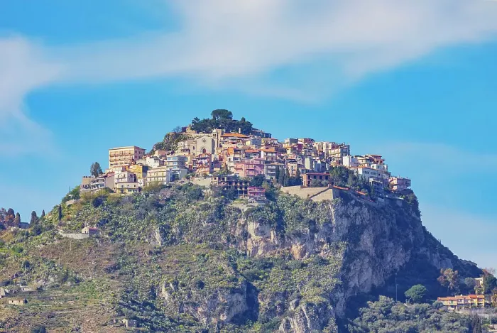 Framed Print : View of Castelmola village perched on a hill, Castelmola, Taormina, Sicily, Italy Framed Print : View of Castelmola village perched on a hill, Castelmola, Taormina, Sicily, Italy