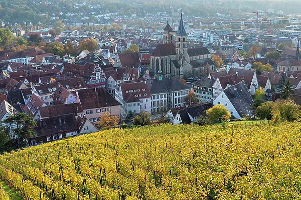 View from the castle towards the old town with Parish Church of St. Dionys, Esslingen am Neckar, Baden Wurttemberg, Germany