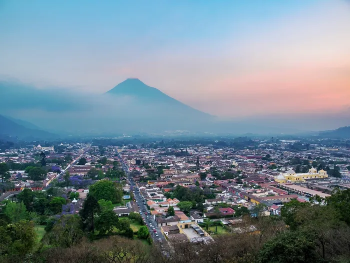 Framed Print : View from Cerro de La Cruz towards the city and Agua Volcano at dusk, Antigua Guatemala, Sacatepequez Department, Guatemala Framed Print : View from Cerro de La Cruz towards the city and Agua Volcano at dusk, Antigua Guatemala, Sacatepequez Department, Guatemala
