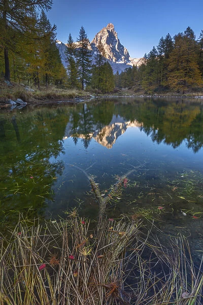 A view of Cervino and Blue lake at sunset during autumn, Breuil-Cervinia, Aosta