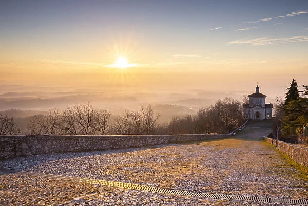 View of the last chapel of the Sacro Monte di Varese with the fog on the Pianura Padana