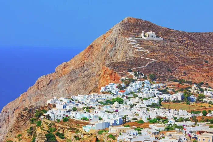 Framed Print : View of Chora village built on a cliff above the sea and Panagia Kimissis church, Chora, Folegandros Island, Cyclades Islands, Greece Framed Print : View of Chora village built on a cliff above the sea and Panagia Kimissis church, Chora, Folegandros Island, Cyclades Islands, Greece