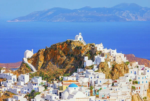 View of Chora village and Sifnos island in the distance, Chora, Serifos Island, Cyclades Islands, Greece