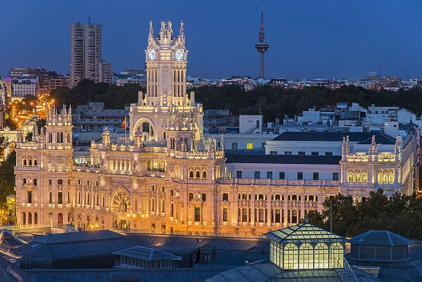 Top view of Cibeles Palace by night, Madrid, Comunidad de Madrid, Spain