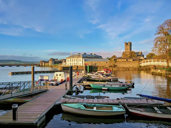Framed Print : View over city marina towards King John's Castle and Saint Mary's Cathedral at sunset, Limerick, County Limerick, Ireland Framed Print : View over city marina towards King John's Castle and Saint Mary's Cathedral at sunset, Limerick, County Limerick, Ireland