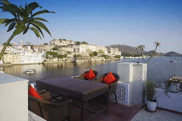 View of City Palace from rooftop restaurant of Lake Pichola Hotel, Udaipur, Rajasthan