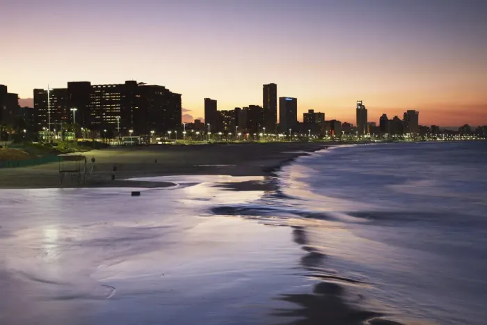 Framed Print : View of city skyline and beachfront at sunset, Durban, KwaZulu-Natal, South Africa Framed Print : View of city skyline and beachfront at sunset, Durban, KwaZulu-Natal, South Africa