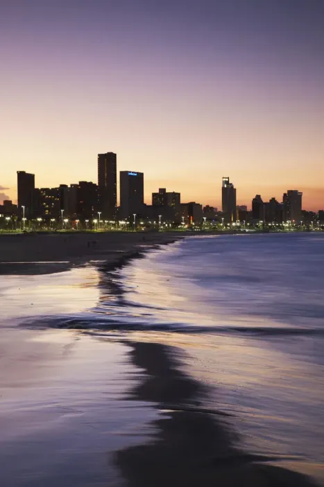 Framed Print : View of city skyline and beachfront at sunset, Durban, KwaZulu-Natal, South Africa Framed Print : View of city skyline and beachfront at sunset, Durban, KwaZulu-Natal, South Africa