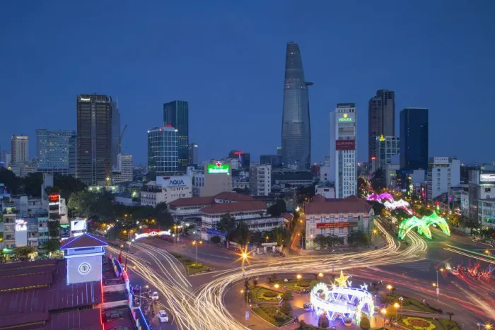 Framed Print : View of city skyline at dusk, Ho Chi Minh City, Vietnam Framed Print : View of city skyline at dusk, Ho Chi Minh City, Vietnam