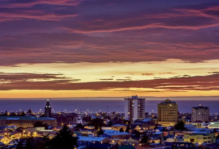 Framed Print : View over city towards Strait of Magellan at sunrise, Punta Arenas, Magallanes Province Framed Print : View over city towards Strait of Magellan at sunrise, Punta Arenas, Magallanes Province