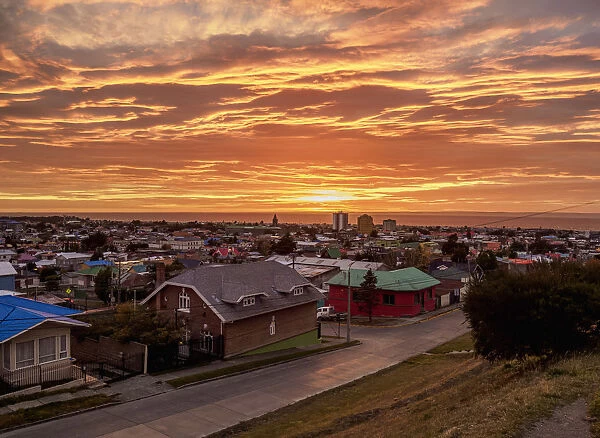 View over city towards Strait of Magellan at sunrise, Punta Arenas, Magallanes Province