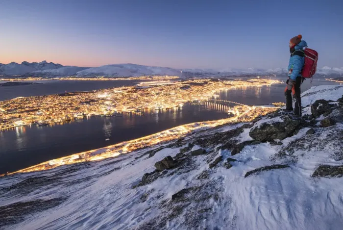 Framed Print : The view of the city of Tromso at dusk from the mountain top, Troms county, Northern Norway Framed Print : The view of the city of Tromso at dusk from the mountain top, Troms county, Northern Norway