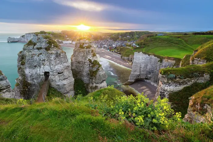 Framed Print : View of the cliffs of Etretat at sunrise, Octeville sur Mer, Le Havre, Seine Maritime, Normandy, France Framed Print : View of the cliffs of Etretat at sunrise, Octeville sur Mer, Le Havre, Seine Maritime, Normandy, France