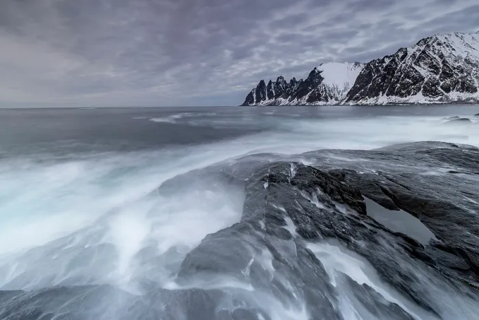 Framed Print : View along the coastline in winter towrds the Devil's Teeth (Okshornan Peaks), Tungeneset, Senja Island, Norway Framed Print : View along the coastline in winter towrds the Devil's Teeth (Okshornan Peaks), Tungeneset, Senja Island, Norway