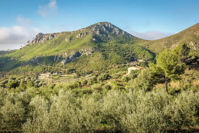 Framed Print : View from the Coll de Sa Gramola into the Serra de Tramuntana mountains, Mallorca, Balearic Islands, Spain Framed Print : View from the Coll de Sa Gramola into the Serra de Tramuntana mountains, Mallorca, Balearic Islands, Spain