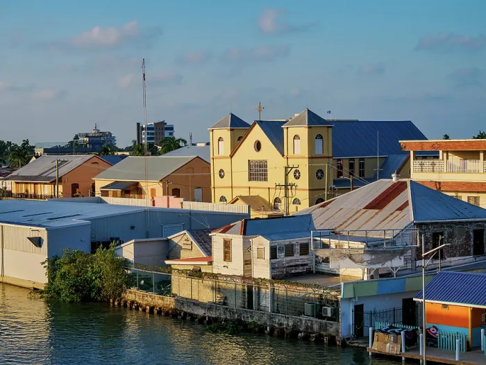 Framed Print : View over Collet Canal towards the Holy Redeemer Cathedral at sunset, Belize City, Belize District, Belize