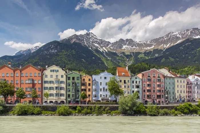 Framed Print : View of the colorful buildings along Inn river, Innsbruck, Tyrol, Austria Framed Print : View of the colorful buildings along Inn river, Innsbruck, Tyrol, Austria