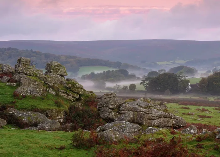 Framed Print : View from Combestone Tor to mist-filled valley, Dartmoor National Park, Devon, England Framed Print : View from Combestone Tor to mist-filled valley, Dartmoor National Park, Devon, England
