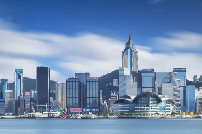 Framed Print : View of Convention Centre and Hong Kong Island skyline, Hong Kong, China
