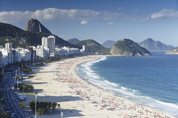 View of Copacabana beach and Avenida Atlantica, Rio de Janeiro, Brazil