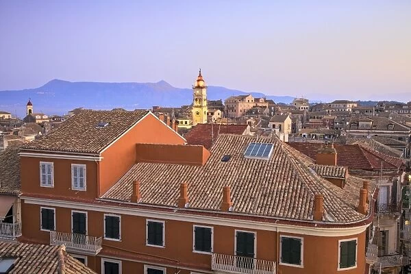 View Over Corfu Old Town With Agios Spyridon at Dusk, Corfu Old Town, Corfu, The Ionian Islands