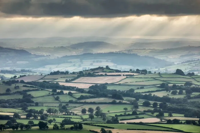 Framed Print : View over countryside near Llangorse from Mynydd Troed in The Black Mountains Framed Print : View over countryside near Llangorse from Mynydd Troed in The Black Mountains
