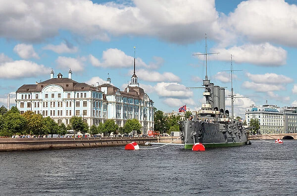 View towards Cruiser Aurora, that in 1917 fired a blank shot at the Winter Palace to start the revolution, and Nakhimov Naval School, Saint Petersburg, Russia