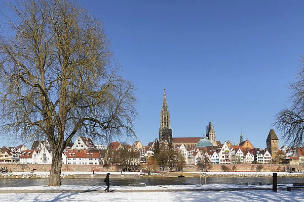 View over Danube River to the old town with the cathedral of Ulm, Baden-Wurttemberg, Germany