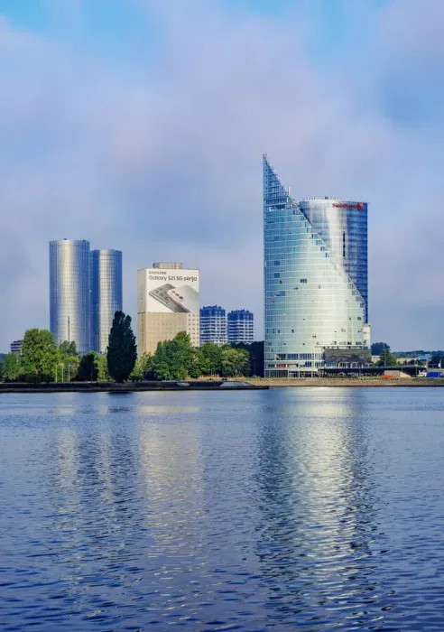 Framed Print : View over Daugava River towards Swedbank Building, Riga, Latvia Framed Print : View over Daugava River towards Swedbank Building, Riga, Latvia