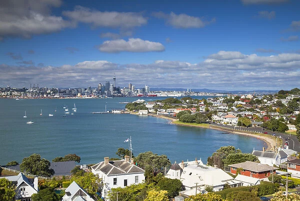 View of Devonport and Auckland skyline from North Head, Auckland, North Island, New