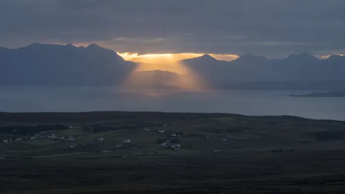 Framed Print : View of Digg village from Quiraing road at sunrise, Isle of Skye, Highland Region