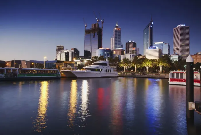 Framed Print : View of downtown skyscrapers from Barrack Street jetty, Perth, Western Australia