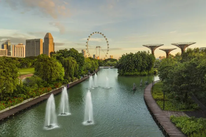 Framed Print : View from Dragonfly Lake to Singapore Flyer at sunrise, Gardens by the Bay Framed Print : View from Dragonfly Lake to Singapore Flyer at sunrise, Gardens by the Bay