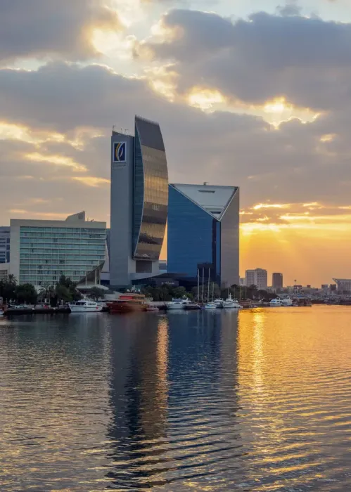 Framed Print : View over Dubai Creek towards Deira at sunrise, Dubai, United Arab Emirates