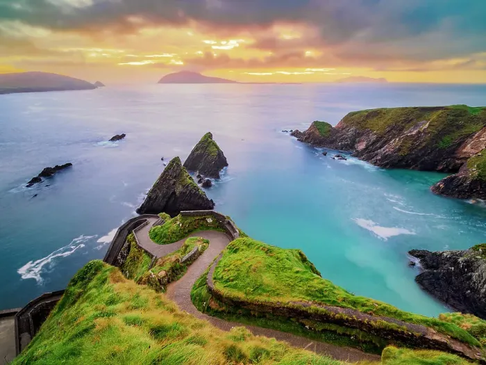 Framed Print : View over Dunquin Pier towards Blasket Islands at dusk, Dingle Peninsula, County Kerry, Ireland Framed Print : View over Dunquin Pier towards Blasket Islands at dusk, Dingle Peninsula, County Kerry, Ireland