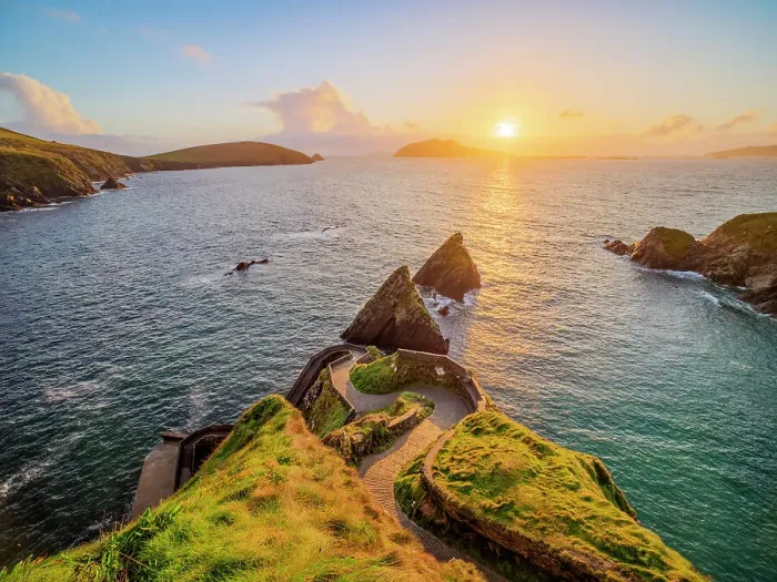 Framed Print : View over Dunquin Pier towards Dunmore Head and Blasket Islands at sunset, Dingle Peninsula, County Kerry, Ireland Framed Print : View over Dunquin Pier towards Dunmore Head and Blasket Islands at sunset, Dingle Peninsula, County Kerry, Ireland