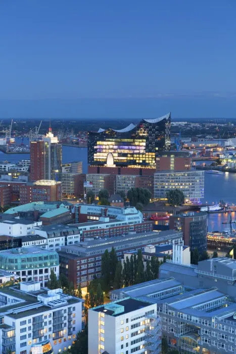 Framed Print : View of Elbphilharmonie concert hall and harbour at dusk, Hamburg, Germany Framed Print : View of Elbphilharmonie concert hall and harbour at dusk, Hamburg, Germany